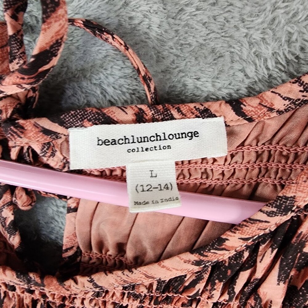 BeachLunchLounge Dress Womens Large Pink Black Smocked Sleeveless Tiered Midi - Picture 3 of 9